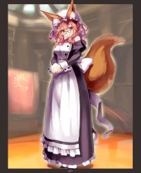 Rule 34 | 10s, 1girl, alternate costume, animal ears, apron, bare shoulders, braid, breasts, dress, ears through headwear, enmaided, fate/extra, fate (series), fox ears, fox tail, frills, glasses, highres, large breasts, long hair, looking at viewer, maid, maid apron, maid headdress, pink hair, solo, sue (bg-bros), tail, tamamo no mae (fate/extra), victorian maid, waist apron, wrist cuffs, yellow eyes