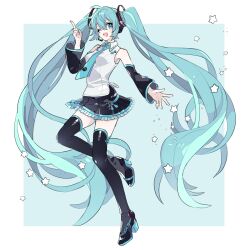 Rule 34 | 1girl, absurdly long hair, aqua background, aqua eyes, aqua hair, aqua nails, aqua necktie, black footwear, black sleeves, boots, border, breasts, collared shirt, commentary request, detached sleeves, hatsune miku, long hair, looking at viewer, medium breasts, necktie, one eye closed, open mouth, pointing, pointing up, shirt, simple background, sleeveless, sleeveless shirt, smile, solo, thigh boots, twintails, very long hair, vocaloid, white shirt, yoshiki