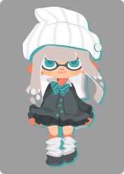 Rule 34 | 1girl, aqua bow, aqua bowtie, aqua eyes, aqua outline, beanie, black footwear, black skirt, blush stickers, bow, bowtie, buttons, closed mouth, collared shirt, fashion, full body, grey background, grey hair, grey jacket, grey sleeves, hat, inkling, inkling girl, inkling player character, jacket, long hair, long sleeves, looking at viewer, miniskirt, nintendo, pleated skirt, pointy ears, pushpin, rizu (rizunm), shirt, shoes, simple background, skirt, smile, solo, splatoon (series), straight-on, striped bow, striped bowtie, striped clothes, sweater jacket, tentacle hair, twitter username, white hat, white leg warmers, white shirt