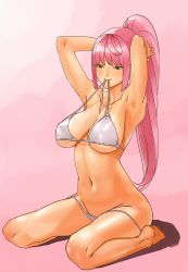 Rule 34 | 1girl, armpits, arms behind head, arms up, barefoot, bikini, bikini in mouth, breasts, brown eyes, cleavage, clothes in mouth, highres, hijiki (b-stroke), hijikini, large breasts, mouth hold, original, pink hair, ponytail, sitting, solo, swimsuit, underboob, white bikini