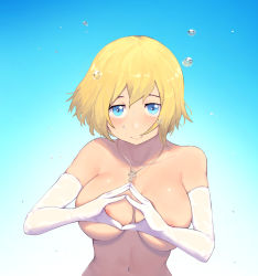 Rule 34 | 1girl, absurdres, air bubble, areola slip, bare shoulders, blonde hair, blue background, blue eyes, blush, breasts, breath, bridal gauntlets, bubble, cleavage, closed mouth, covering nipples, covering privates, cross, cross necklace, elbow gloves, en&#039;en no shouboutai, gloves, gradient background, hair between eyes, highres, holding breath, iris (enen no shouboutai), jewelry, large breasts, looking at viewer, navel, necklace, nude, own hands together, rou (rou22), see-through, short hair, smile, solo, steepled fingers, submerged, topless frame, underwater, upper body, wet, wet clothes, white gloves