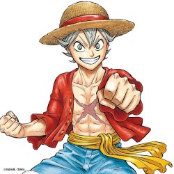 Rule 34 | 1boy, asta (black clover), black clover, cosplay, crossover, hat, monkey d. luffy (cosplay), official art, one piece, scar, scar on chest, tabata yuuki, tagme