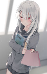 Rule 34 | 1girl, blurry, blurry background, blush, closed mouth, collarbone, commentary request, cowboy shot, grey sailor collar, grey skirt, grey sweater, hair between eyes, hair ornament, hallway, highres, holding, holding notebook, indoors, kamu (geeenius), long hair, notebook, original, pleated skirt, red eyes, sailor collar, school uniform, sidelocks, silver hair, skirt, solo, sweater, x hair ornament