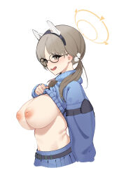 Rule 34 | 1girl, absurdres, animal ears, blue archive, blue skirt, blue sweater, blush, breasts, brown eyes, brown hair, clothes lift, cropped legs, fake animal ears, glasses, hair ornament, halo, highres, inverted nipples, large breasts, lcy bingzi, lifted by self, moe (blue archive), nipples, open mouth, pleated skirt, pom pom (clothes), pom pom hair ornament, rabbit ears, simple background, skirt, solo, sweater, sweater lift, turtleneck, turtleneck sweater, twintails, white background