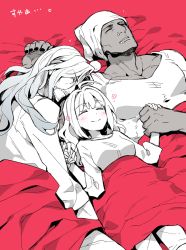 Rule 34 | 10s, 1girl, 2boys, bad id, bad pixiv id, bed sheet, breasts, fate/apocrypha, fate/extra, fate/grand order, fate (series), hat, holding hands, koshiro itsuki, monochrome, multiple boys, nero claudius (fate), nero claudius (fate) (all), nero claudius (fate/extra), romulus (fate), santa hat, vlad iii (fate/apocrypha)