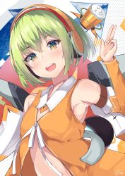 Rule 34 | 1girl, :d, absurdres, armpits, bare shoulders, brown eyes, center opening, chunithm, detached sleeves, flat chest, green hair, hand up, headphones, highres, long sleeves, looking at viewer, mushpz, nail polish, open mouth, orange shirt, revealing clothes, shirt, short hair, sky feather, smile, solo, stomach, upper body, wing collar