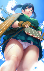 Rule 34 | 10s, 1girl, aqua eyes, arrow (projectile), bad id, bad nijie id, blue hair, blush, breasts, from below, gradient background, highres, japanese clothes, kantai collection, large breasts, looking at viewer, looking down, matching hair/eyes, panties, pantyshot, plump, short hair, skirt, solo, souryuu (kancolle), standing, turiganesou800, twintails, underwear, upskirt