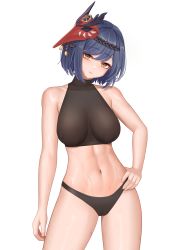 Rule 34 | 1girl, absurdres, bare arms, bare shoulders, black panties, blue hair, blush, breasts, cowboy shot, genshin impact, hand on own hip, has bad revision, has downscaled revision, head tilt, highres, kujou sara, large breasts, looking at viewer, mask, mask on head, md5 mismatch, midriff, navel, panties, parted lips, resolution mismatch, short hair, simple background, solo, source smaller, thighs, underwear, wei xiao, white background, yellow eyes