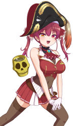Rule 34 | 1girl, :d, absurdres, ascot, bare arms, bare shoulders, belt, bicorne, black coat, breasts, brooch, brown belt, brown thighhighs, cleavage, coat, covered navel, cropped jacket, fang, feet out of frame, frilled shirt collar, frills, gloves, gold trim, hachiman tanuki, hair ribbon, hand on own thigh, hat, heterochromia, highres, hololive, hololive fantasy, houshou marine, jacket, jewelry, lace, lace-trimmed legwear, lace trim, large breasts, leaning forward, leather belt, leotard, leotard under clothes, long hair, looking at viewer, midriff, miniskirt, open mouth, pirate, pirate hat, pleated skirt, red ascot, red eyes, red hair, red jacket, red ribbon, red skirt, ribbon, see-through, see-through cleavage, see-through leotard, simple background, skin tight, skirt, sleeveless, sleeveless jacket, smile, solo, thighhighs, twintails, virtual youtuber, white background, white gloves, yellow eyes