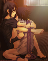 Rule 34 | 2boys, against wall, age difference, anal, barefoot, black hair, clothed sex, family, highres, incest, male focus, male penetrated, multiple boys, naruto, naruto (series), sex, siblings, text focus, uchiha itachi, uchiha sasuke, yaoi