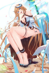 Rule 34 | 1girl, ankle wrap, arknights, barefoot, beach chair, bead anklet, blonde hair, blue eyes, breasts, cropped shirt, day, feet, hair ornament, highres, jewelry, large breasts, long hair, looking at viewer, medium breasts, nail polish, navel, official alternate costume, one-piece swimsuit, red one-piece swimsuit, red scrunchie, saileach (arknights), saileach (summer flowers) (arknights), scrunchie, sitting, sky, smile, solo, swimsuit, thigh strap, toenails, toes, very long hair, wet, wet clothes, zayur