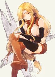 Rule 34 | 1girl, absurdres, armor, black gloves, blonde hair, boots, brigid (fire emblem), brown eyes, closed mouth, commission, commissioner upload, dress, elbow gloves, fingerless gloves, fire emblem, fire emblem: genealogy of the holy war, gloves, headband, highres, hisona (suaritesumi), huge filesize, kneehighs, long hair, low-tied long hair, nintendo, one eye closed, simple background, socks, very long hair