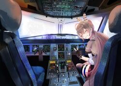 Rule 34 | 1girl, 9/11, :d, ^ ^, absurdres, ahoge, airbus a320, aircraft, airplane, airplane interior, brown gloves, brown hair, brown shawl, brown socks, brown theme, closed eyes, cloud, cloudy sky, cockpit, commentary, controller, crossed bangs, crossed legs, dot nose, english commentary, facing viewer, feather hair ornament, feathers, fingerless gloves, from behind, game controller, gloves, grin, hair between eyes, hair bun, hair ornament, half updo, highres, hololive, hololive english, joystick, leaning forward, long hair, multicolored hair, nanashi mumei, nintendo 64 controller, open mouth, pleated skirt, radar, rancidronin, red hair, screen, shawl, shiny clothes, shirt, sidelocks, sitting, skirt, sky, sleeves past elbows, smile, socks, solo, straight hair, streaked hair, teeth, thighhighs, thighs, turning head, v, very long hair, virtual youtuber, white hair, white shirt, zettai ryouiki