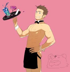 Rule 34 | 1boy, abs, alcohol, apron, ass, bara, blue eyes, brown hair, itto (mentaiko), looking at viewer, male focus, muscular, nipples, pectorals, smile, solo, teeth, tray, waiter