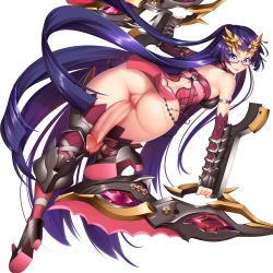 Rule 34 | 1futa, absurdres, anus, armor, ass, blue eyes, boots, cleft of venus, fat mons, from behind, futanari, glasses, hair ornament, high heels, highres, holding, holding weapon, large penis, long hair, looking at viewer, lucknight, no testicles, original, penis, precum, purple hair, pussy, semi-rimless eyewear, smile, solo, thighhighs, thighs, uncensored, very long hair, weapon