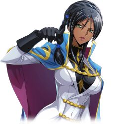 Rule 34 | 1girl, artist request, asymmetrical hair, black gloves, black hair, black shirt, blue cape, braid, breasts, cape, code geass, code geass: lost stories, covered navel, cropped torso, crown braid, dark-skinned female, dark skin, dorothea ernst, dutch angle, female focus, game cg, gloves, green eyes, hair tie, hand up, high collar, jacket, large breasts, lips, lipstick, long hair, long sleeves, looking at viewer, makeup, military uniform, non-web source, official art, parted lips, red lips, shirt, sidelocks, simple background, single braid, solo, teeth, transparent background, two-sided cape, two-sided fabric, uniform, upper body, v-shaped eyebrows, white jacket