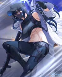 Rule 34 | 1girl, bare shoulders, black pants, black shirt, blue archive, blue eyes, breasts, coat, gloves, gun, halo, hat, highres, jacket, knife sheath, large breasts, long hair, looking at viewer, mask, midriff, mouth mask, navel, off shoulder, open clothes, open jacket, pants, saori (blue archive), sheath, shirt, solo, thighs, underboob, vilde loh hocen, weapon, white coat
