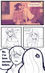 Rule 34 | 2girls, anger vein, bare shoulders, blush, comic, commentary, diana cavendish, english commentary, highres, kagari atsuko, little witch academia, long hair, looking away, multiple girls, nervous, open mouth, partially colored, right-to-left comic, speech bubble, yuri