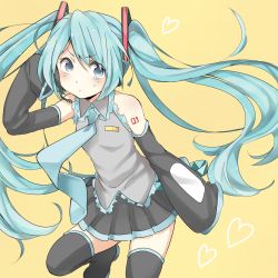 Rule 34 | 1girl, bad id, bad pixiv id, blue eyes, blush, boots, green hair, hands in opposite sleeves, hatsune miku, headset, heart, highres, moocho, necktie, skirt, solo, tears, thigh boots, thighhighs, vocaloid