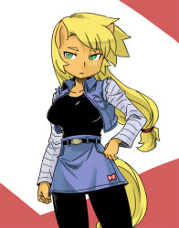 Rule 34 | 1girl, android 18, android 18 (cosplay), animal ears, applejack, belt, black pantyhose, blonde hair, breasts, colored skin, cosplay, cowboy shot, dragon ball, dragonball z, freckles, green eyes, hand on own hip, horse ears, horse girl, jitome, large breasts, long hair, low-tied long hair, miniskirt, my little pony, my little pony: friendship is magic, no headwear, no headwear, open clothes, open vest, orange skin, pantyhose, personification, ponytail, raglan sleeves, shepherd0821, skirt, solo, tail, vest