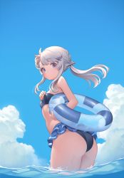 Rule 34 | 1girl, ass, bare shoulders, bikini, bikini skirt, blue eyes, blue sky, blush, breasts, cloud, commentary request, day, eat 8971, from behind, hair ornament, highres, holding, holding swim ring, innertube, long hair, looking at viewer, ocean, original, outdoors, ponytail, silver hair, sky, small breasts, solo, standing, swim ring, swimsuit, wading, water