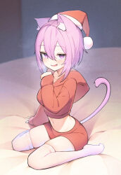 Rule 34 | 1girl, absurdres, akuto (akuto desu), animal ear fluff, animal ears, arm support, blush, breasts, breath, cat ears, cat girl, cat tail, commentary request, cropped hoodie, crossed bangs, hair between eyes, hat, highres, hololive, hood, hood down, hoodie, indoors, kneeling, looking at viewer, medium breasts, midriff, navel, nekomata okayu, no shoes, on bed, purple eyes, purple hair, red hoodie, red shorts, santa costume, santa hat, short hair, shorts, sitting, skindentation, solo, steam, steam from mouth, tail, thighhighs, thighs, virtual youtuber, wariza, white thighhighs