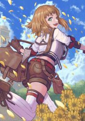 Rule 34 | 1girl, bag, bell tower, belt, boots, brown footwear, brown gloves, brown hair, brown shorts, cloud, day, feet out of frame, flower, gloves, green eyes, janoukyo19, looking back, medium hair, midriff, original, outdoors, petals, red belt, short sleeves, shorts, sky, solo, thighhighs, white thighhighs
