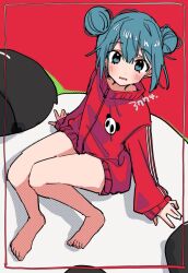 Rule 34 | 3774., alternate costume, alternate hairstyle, animal print, aqua eyes, aqua hair, bare legs, barefoot, bear print, blush, bottomless, double bun, from above, hair between eyes, hair bun, hatsune miku, jacket, knees together feet apart, long sleeves, looking at viewer, looking up, no pants, panda, panda print, red background, red jacket, red theme, signature, sleeves past wrists, thighs, track jacket, vocaloid