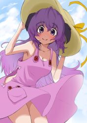 Rule 34 | 1girl, alternate costume, blush, bow, breasts, cleavage, closed mouth, clothes lift, collarbone, commentary, cowboy shot, day, demon horns, dress, dress lift, eyes visible through hair, hair between eyes, hands up, hanyuu, hat, hat bow, hat ribbon, higurashi no naku koro ni, horns, looking at viewer, medium breasts, no bra, outdoors, purple dress, purple eyes, purple hair, purple theme, ribbon, sleeveless, sleeveless dress, smile, solo, standing, straw hat, tareme, wind, wind lift, yellow bow, yellow ribbon, z2tdrcyvvjjk0gl