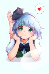 Rule 34 | 1girl, aqua eyes, barefoot, black bow, black bowtie, blue background, blue hair, blush, bob cut, bow, bowtie, buttons, closed mouth, collared shirt, commentary request, feet, hair bow, head rest, heart, highres, konpaku youmu, konpaku youmu (ghost), looking at viewer, lying, on stomach, shirt, short hair, short sleeves, simple background, smile, soles, solo, spoken heart, take no ko (4919400), the pose, toes, touhou, v, white shirt