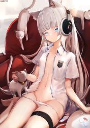 Rule 34 | 1girl, animal, animal ear fluff, animal ears, artist name, awp (girls&#039; frontline) (nekoya (liu)), bad id, bad pixiv id, barefoot, bell, blue eyes, cat, cat ears, closed mouth, collar, collarbone, collared shirt, colored eyelashes, commentary request, couch, dress shirt, eyebrows hidden by hair, girls&#039; frontline, griffin &amp; kryuger, groin, headphones, highres, jingle bell, long hair, looking at viewer, navel, neck bell, nekoya (liu), on couch, open clothes, open shirt, original, panties, panty pull, shirt, signature, silver hair, solo, thigh strap, underwear, very long hair, white cat, white panties, white shirt