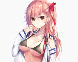 Rule 34 | 1girl, alister, asymmetrical bangs, bad id, bad pixiv id, bikini, black bikini, blush, bow, breasts, brown eyes, closed mouth, expressionless, girls&#039; frontline, hair between eyes, hair bow, hair ribbon, long hair, long sleeves, looking at viewer, medium breasts, negev (girls&#039; frontline), one side up, open clothes, open shirt, pink hair, red bow, red ribbon, ribbon, shirt, simple background, solo, swimsuit, tsurime, underboob, upper body, white background