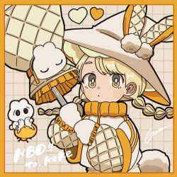 Rule 34 | 1girl, blonde hair, border, gurin. (desuna), hat, heart, highres, holding, long hair, looking at viewer, multi-tied hair, orange border, original, solo, twintails, upper body, white hat, witch hat, yellow eyes