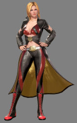 Rule 34 | 1girl, 3d, absurdres, belt, blonde hair, blue eyes, boots, cross-laced footwear, dead or alive, dead or alive 6, fingernails, full body, grey background, hands on own hips, highres, lace-up boots, lips, long coat, long sleeves, looking at viewer, nail polish, official art, pants, parted bangs, simple background, smile, solo, tina armstrong