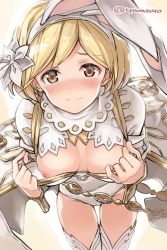 Rule 34 | 10s, 1girl, alternate costume, animal ears, blonde hair, blush, breasts, breasts out, brown eyes, cape, djeeta (granblue fantasy), fake animal ears, flower, granblue fantasy, hair flower, hair ornament, hairband, leotard, looking at viewer, medium breasts, nipples, pulling own clothes, rabbit ears, sage (granblue fantasy), short hair, solo, super zombie, thighhighs, twitter username, white thighhighs, wrist cuffs