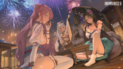 3girls animal_ears animal_print blue_eyes bowl breast_tattoo breasts brown_dust_(series) brown_dust_2 brown_hair cleavage coffee_table copyright_name cup dalvi_(brown_dust) dress feet_out_of_frame fireworks flower flower_tattoo fox_ears fox_girl hair_flower hair_ornament hat highres holding holding_cup holding_fireworks huge_breasts jingasa juliet_sleeves kitsune kyuubi large_breasts long_hair long_sleeves multiple_girls multiple_tails night night_sky official_art official_wallpaper open_mouth pink_hair ponytail puffy_sleeves red_eyes second-party_source seiza sitting sky smile socks sylvia_(brown_dust) table tail tattoo teacup teeth thighhighs tiger_ears tiger_girl tiger_print tiger_tail very_long_hair white_dress white_hair white_socks white_thighhighs yuri_(brown_dust)