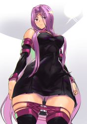 Rule 34 | 1girl, ashiomi masato, ass, bare shoulders, blindfold, unworn blindfold, choker, covered navel, detached sleeves, dress, facial mark, fate/stay night, fate (series), female focus, forehead mark, gluteal fold, long hair, matching hair/eyes, medusa (fate), medusa (rider) (fate), purple eyes, purple hair, solo, strapless, strapless dress, thighhighs, very long hair