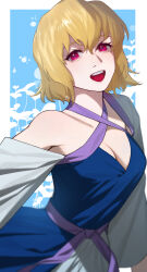 Rule 34 | 1girl, arm at side, artist logo, blonde hair, blue background, blue dress, border, breasts, cleavage, clothing cutout, commentary request, criss-cross halter, dress, floral background, gundam, gundam seed, gundam seed destiny, hair between eyes, halterneck, highres, long sleeves, looking at viewer, medium breasts, open mouth, outside border, outstretched arm, pink eyes, purple sash, sash, short hair, shoulder cutout, single bare shoulder, smile, solo, stellar loussier, teeth, upper body, upper teeth only, ususio 11, white border