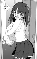 Rule 34 | 1girl, alternate costume, blush, bra, breasts, changing clothes, fate/prototype, fate (series), full-face blush, glasses, greyscale, hanabana tsubomi, locker, looking at viewer, medium hair, monochrome, open mouth, sajou ayaka (fate/prototype), skirt, small breasts, solo, surprised, underwear