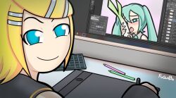 Rule 34 | adobe photoshop, aqua eyes, aqua hair, artist name, black nails, blonde hair, blush, colored pencil, commentary, drawing tablet, evil smile, fuguiibo, hair ornament, hairclip, hashtag-only commentary, hatsune miku, heart, heart-shaped pupils, highres, kagamine rin, keyboard (computer), licking, pencil, phallic symbol, signature, smile, spring onion, symbol-shaped pupils, twintails, vocaloid