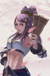 Rule 34 | 1girl, armpits, bare shoulders, beads, breasts, bridal gauntlets, cherry blossoms, comb, cowboy shot, day, detached sleeves, earrings, fire emblem, fire emblem fates, hair bun, hair ornament, hair stick, hand on own hip, highres, japanese clothes, jewelry, long hair, looking at viewer, mature female, medium breasts, midriff, navel, nintendo, open mouth, orochi (fire emblem), outdoors, pants, prayer beads, purple eyes, purple hair, scroll, smile, solo, talisman, tree, umbraria