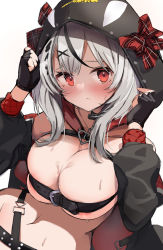 Rule 34 | 1girl, absurdres, areola slip, belt, blush, breast strap, breasts, highres, hololive, large breasts, onibi (will o wisp24), red eyes, revealing clothes, sakamata chloe, solo, sweat, tagme, virtual youtuber, white hair