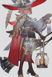 Rule 34 | 1girl, bag, belt, bird, black headwear, black jacket, boots, brown footwear, brown gloves, cape, closed mouth, commentary, elbow gloves, epaulettes, full body, gloves, grey background, grey eyes, grey hair, hand on own hip, hat feather, highres, holding, holding lantern, holding weapon, jacket, knee boots, lantern, large hat, looking at viewer, noco (pixiv14976070), original, pantyhose, red cape, red headwear, short hair, shoulder bag, simple background, smile, solo, two-sided fabric, two-sided headwear, weapon, white pantyhose