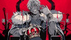 Rule 34 | 1boy, aion kiu, bandages, beard, beowulf (fate), chain, crown, unworn crown, facial hair, fate/grand order, fate (series), greyscale, greyscale with colored background, grin, male focus, manly, monochrome, muscular, red background, red eyes, scar, sitting, smile, solo, spot color, upper body