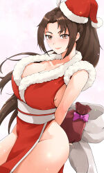 1girl adapted_costume bag breasts brown_eyes brown_hair christmas cleavage dress fatal_fury female_focus fur-trimmed_dress fur-trimmed_headwear fur_trim hat highres holding holding_bag large_breasts long_hair looking_at_viewer matching_hair/eyes pelvic_curtain red_dress red_hat santa_hat shiranui_mai simple_background smile solo thighs tuzi717 white_background