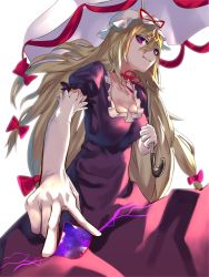 Rule 34 | 1girl, asuzemu, bad id, bad pixiv id, blonde hair, blush, bow, breasts, choker, cleavage, closed mouth, collarbone, dress, elbow gloves, from below, from side, gap (touhou), gloves, hair between eyes, hair bow, hat, hat ribbon, holding, holding umbrella, long hair, looking at viewer, looking to the side, medium breasts, mob cap, parasol, pointing, pointing at viewer, puffy short sleeves, puffy sleeves, purple dress, purple eyes, red bow, red ribbon, ribbon, ribbon choker, short sleeves, smile, solo, touhou, umbrella, v, very long hair, white gloves, yakumo yukari
