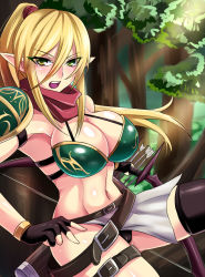 Rule 34 | 1girl, archery, armor, armpits, arrow (projectile), bikini armor, blonde hair, bow, bow (weapon), breasts, cleavage, elf, fingerless gloves, gloves, green eyes, large breasts, long hair, midriff, muneate, navel, nishida megane, open mouth, original, pointy ears, ponytail, scarf, solo, thighhighs, weapon, yellow eyes