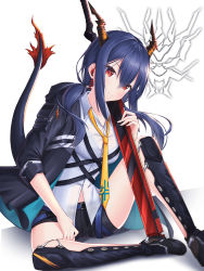 Rule 34 | 1girl, absurdres, arknights, black footwear, black jacket, black shorts, blue hair, blush, breasts, ch&#039;en (arknights), commentary request, dragon horns, dragon tail, hair between eyes, highres, horns, jacket, knee up, korean commentary, lancheu, long hair, long sleeves, looking at viewer, medium breasts, necktie, red eyes, shin guards, shirt, short shorts, shorts, sidelocks, sitting, solo, sword, tail, thighs, weapon, white background, white shirt, yellow necktie