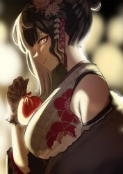 Rule 34 | 1girl, bare shoulders, black hair, black kimono, blush, breasts, closed mouth, floral print kimono, flower, gloves, grey hair, hair bun, hair flower, hair ornament, highres, hololive, hololive english, japanese clothes, kimono, lace, lace-trimmed gloves, lace-trimmed kimono, lace gloves, lace trim, large breasts, looking at viewer, multicolored hair, official alternate costume, redi (rasec asdjh), shiori novella, shiori novella (new year), single hair bun, smile, solo, split-color hair, virtual youtuber, yellow eyes