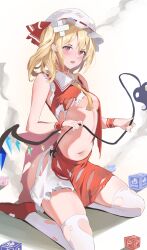 Rule 34 | 1girl, 258n, alternate eye color, back bow, bandaid, bandaid on head, bare shoulders, blonde hair, bloomers, blurry, blush, bow, breasts, collared shirt, commentary, crystal, cube, fang, fingernails, flandre scarlet, full body, grey shirt, hair between eyes, hands up, hat, hat ribbon, highres, holding, holding polearm, holding weapon, jewelry, laevatein (touhou), legs, long fingernails, looking at viewer, medium breasts, mob cap, multicolored wings, nail polish, navel, necktie, one side up, open mouth, pink bow, pink eyes, pink nails, pointy ears, polearm, power item (touhou), red footwear, red ribbon, red shirt, red vest, ribbon, ribbon-trimmed headwear, ribbon trim, seiza, shadow, shirt, shoes, short hair, simple background, sitting, skin fang, skirt, skirt set, solo, spear, thighhighs, touhou, underwear, vest, weapon, white hat, white thighhighs, wings, wrist cuffs, yellow background, yellow necktie